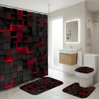 4pcs Shower Curtain Set Black and Red 3D Design Modern Bathroom Set with Curtain Non Slip Rugs and 12 Hooks