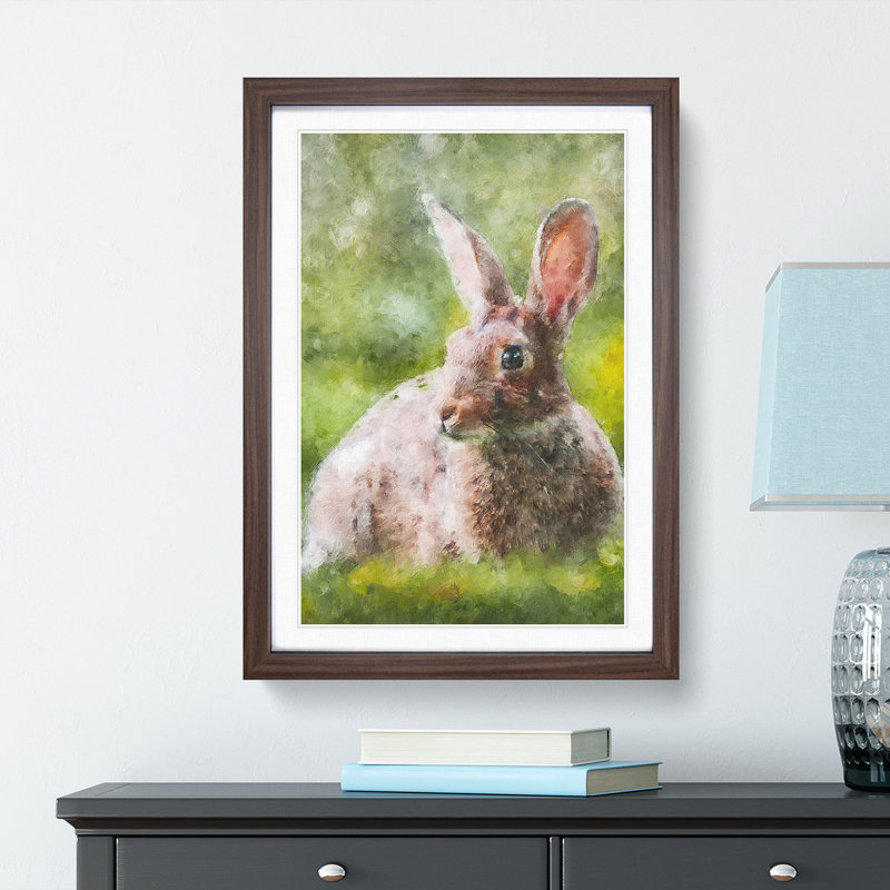 Rabbit In A Green Field - Single Picture Frame Print on MDF, 33cm H x 24cm W x 2cm D, Walnut Framed