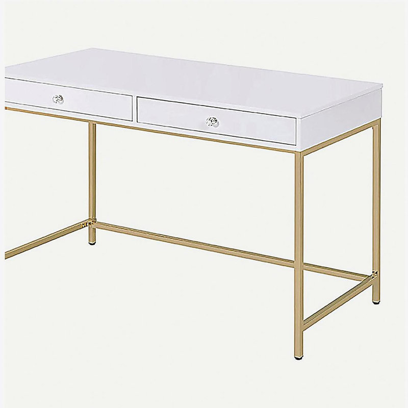 White glossy gold edge 2 drawer writing desk