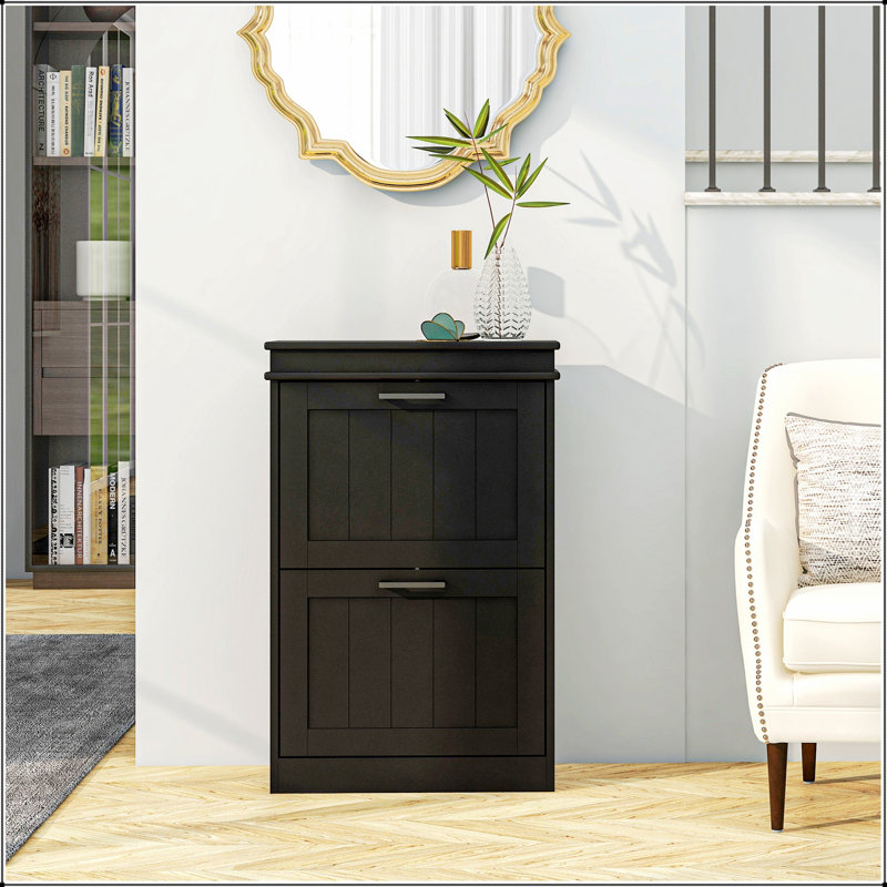 Armoire à chaussures étroite avec 2 tiroirs rabattables et tablettes réglables pour 10 paires de chaussures, solution de rangement peu encombrante