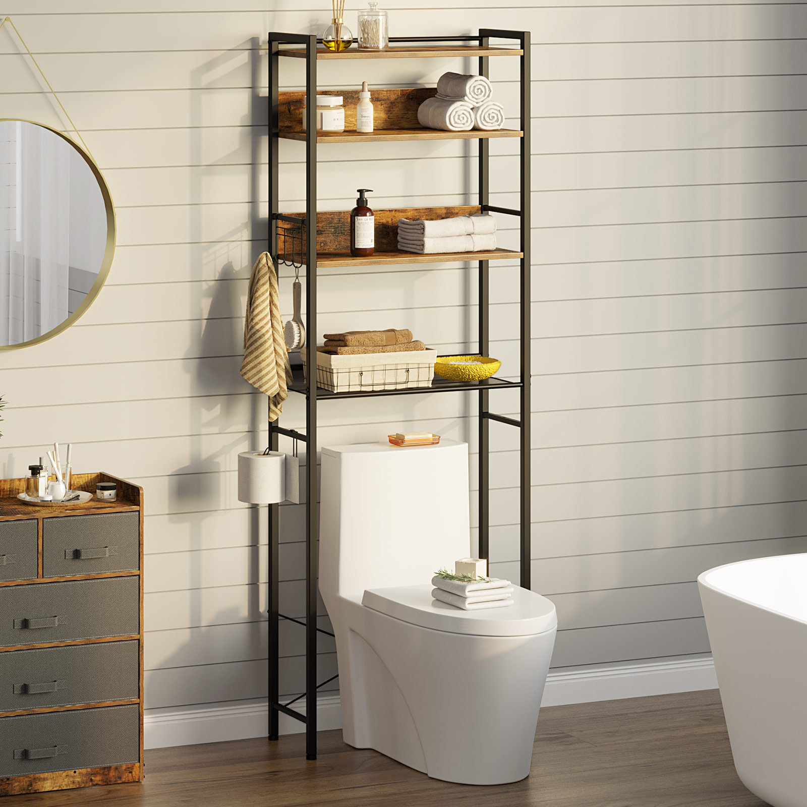 Calirose 23.6" W x 68 "H x 9.4" D Over The Toilet Storage with 4-tier shelf & 4 hooks, Rustic Brown