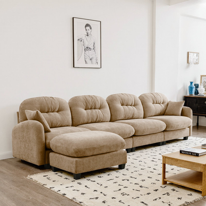 Canapé modulaire modulaire en chenille en L avec repose-pieds, conception ergonomique 4 places pour le salon, chameau
