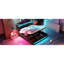 Grand lit avec système de rangement hydraulique, DEL colorée, rangement gris, revêtu de lin-892494346-892494344