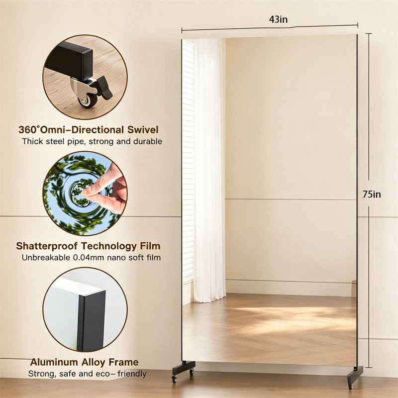 Full Body Mirror, 360 ° Rotating Full-Length Yoga Mirror - Light Nano Film Shatterproof Standing Mirror With Roller