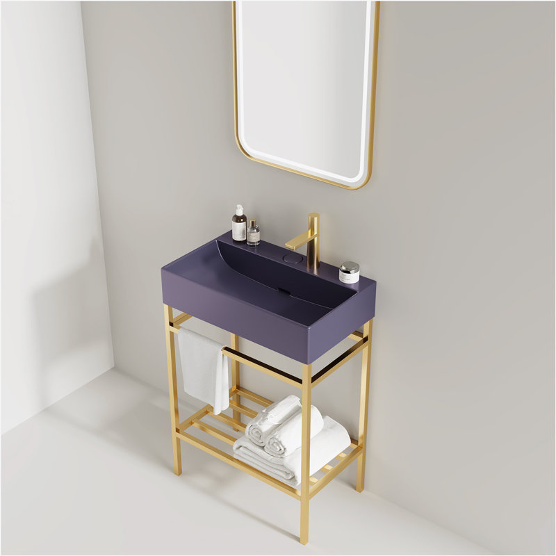 Meuble-lavabo 24 po avec lavabo en céramique, ensemble de lavabo console sur pied, lavabo rectangulaire en céramique mauve brillant sans robinet, pieds en métal ouverts, tablettes de rangement, doré