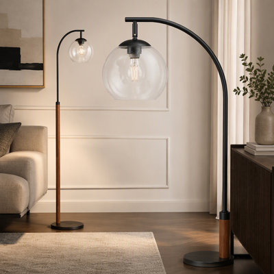 63" Modern Floor Lamp with Adjustable Swivel, 1-Light Clear Bubble Glass Shade, Black Marble Base, Solid Wood & Black Painted Metal Body, for Living Room, Bedroom, Study (Bulbs Not Included)