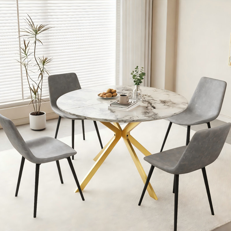 Ensemble de table de salle à manger moderne avec 4 chaises, Gris, Blanc, Or