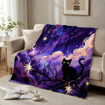 Mystical Cat on Galaxy Branch Throw Blanket, Whimsical Night Sky Star Galaxy Branch Cat Pattern, Ultra Soft, Lightweight, Breathable, All-Season, Skin-Friendly, Machine Washable, Decorative, for Sofa, Couch, Living Room and Bedroom