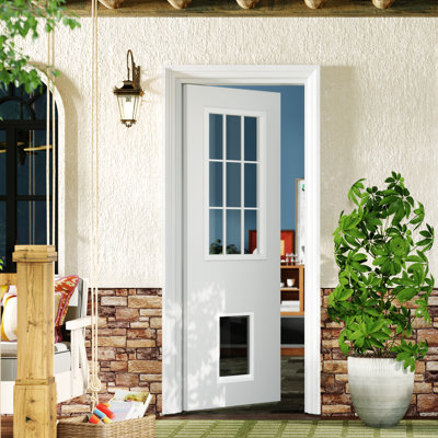 Portes extérieures - Dalle de porte en panneau de fibres à densité moyenne blanc transparent 9 Lite avec grande porte pour animaux