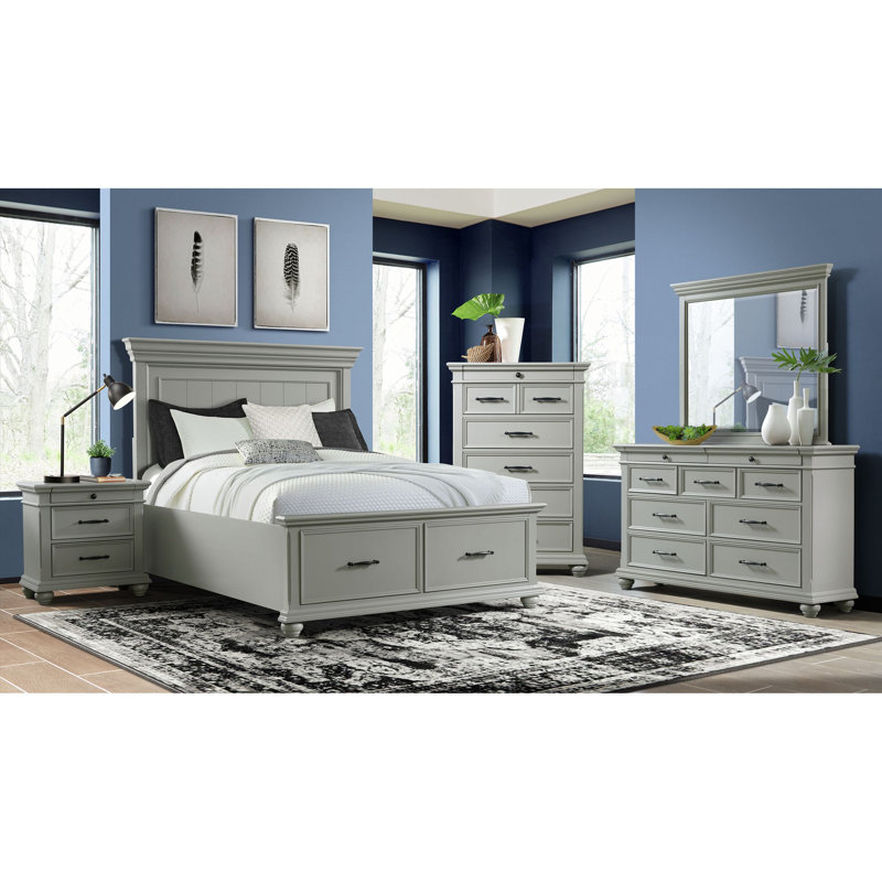 Amarilis Platform Bedroom Set, King, Gray, 5 Pcs: Bed, Dresser, Mirror, Chest, Nightstand