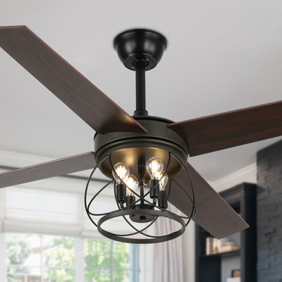 52" Classic Wood Blades Living Room Ceiling Fan with Metal Caged Light Shade 4-Light Quiet DC Motor w Remote