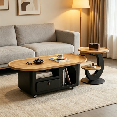 Simple Movable Wood Coffee Table Storage Drawers