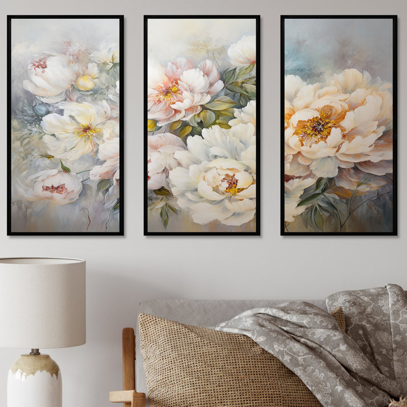 Ensemble de décoration murale pivoines blanches - pivoines, H 28 po x l 36 po x P 1 po, Cadre flottant noir