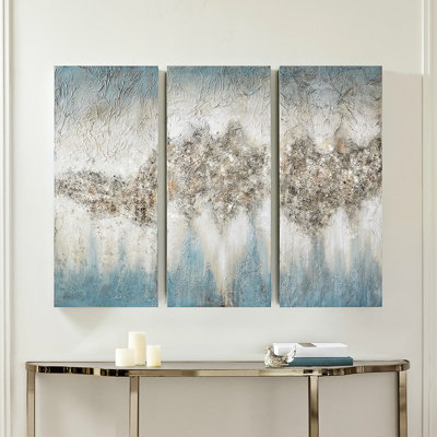 Blue And Grey Abstract Wall Art , 3 With Natural Rock Glitter, 15"X35", For Indoor Decor, Stone Texture, 15"W X 35"H, Decoration