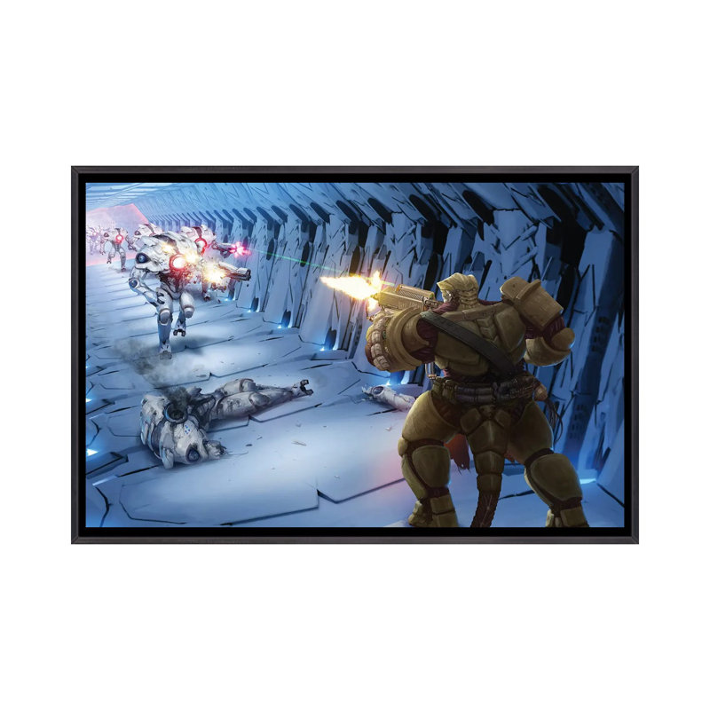 «Obozaya Gunning Down Robots», reproduction d'art sur toile encadrée, Noir patiné, H 32 po x l 48 po