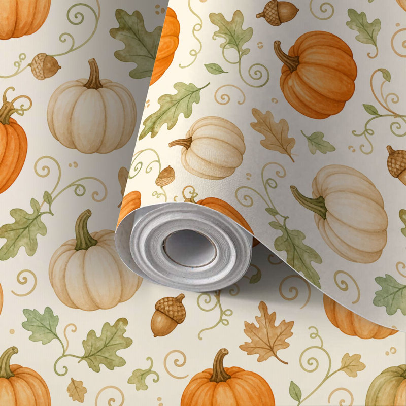 Papier peint adhésif à motif citrouilles d'automne, feuilles de chêne et glands aquarelle. Rouleau amovible et imperméable pour chambre, salon et cuisine. Dimensions : 58 cm x 300 cm.