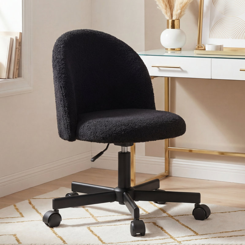 Chaise de bureau/de salon en tissu polaire teddy - Chaise de coiffeuse compacte pivotante à dossier haut et mignonne, Noir