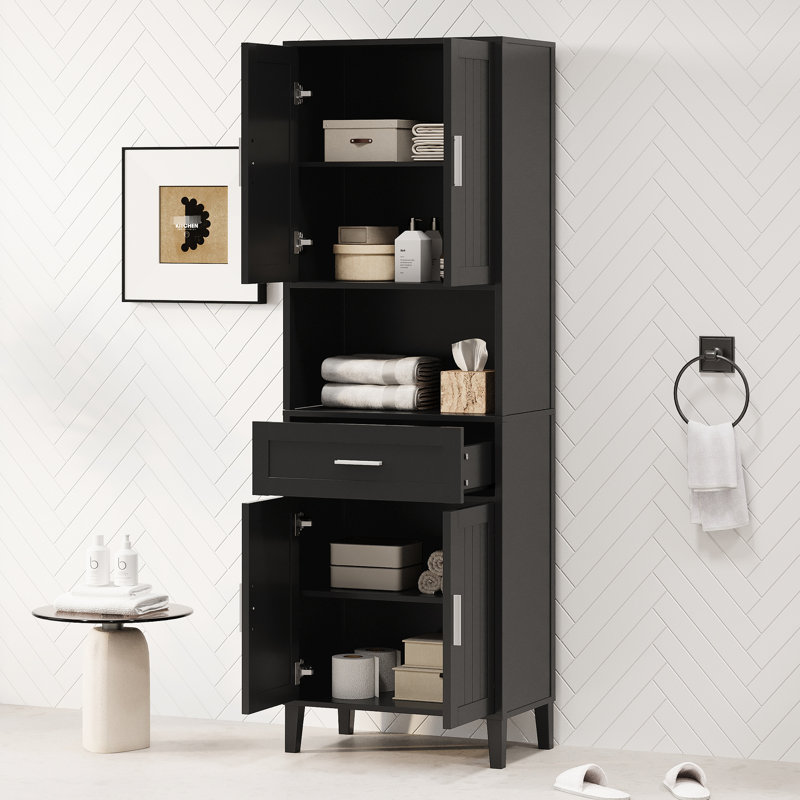 Armoire de salle de bain autoportante de 70,9 po de hauteur avec 1 tiroir, 4 portes à fermeture douce, 2 tablettes réglables, rangement ouvert, salle de bain, pour salle de bain, surface à lessive, accès rapide