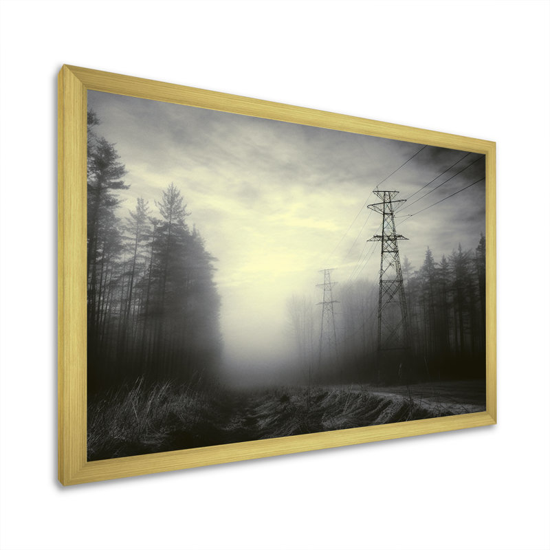 Lignes électriques brouillard d'hiver I, Cadre doré simple, H 24 po x l 32 po x P 1 po