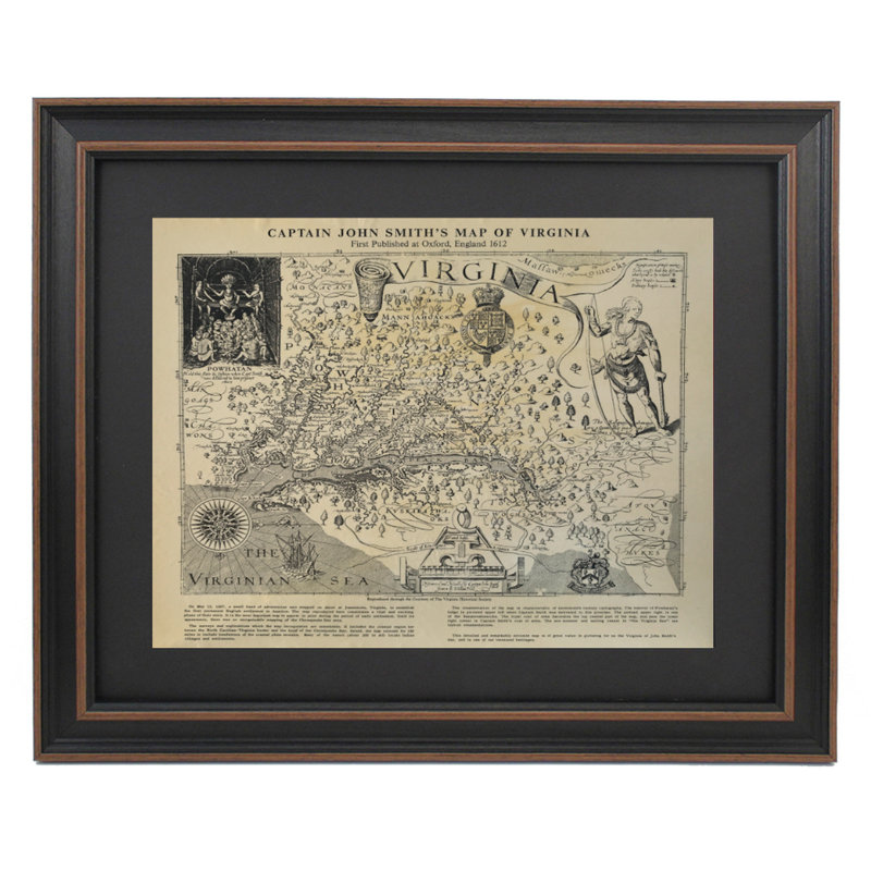 Carte du capitaine John Smith, Virginie, 1612 | Reproduction d'art textuel encadrée sur parchemin antique
