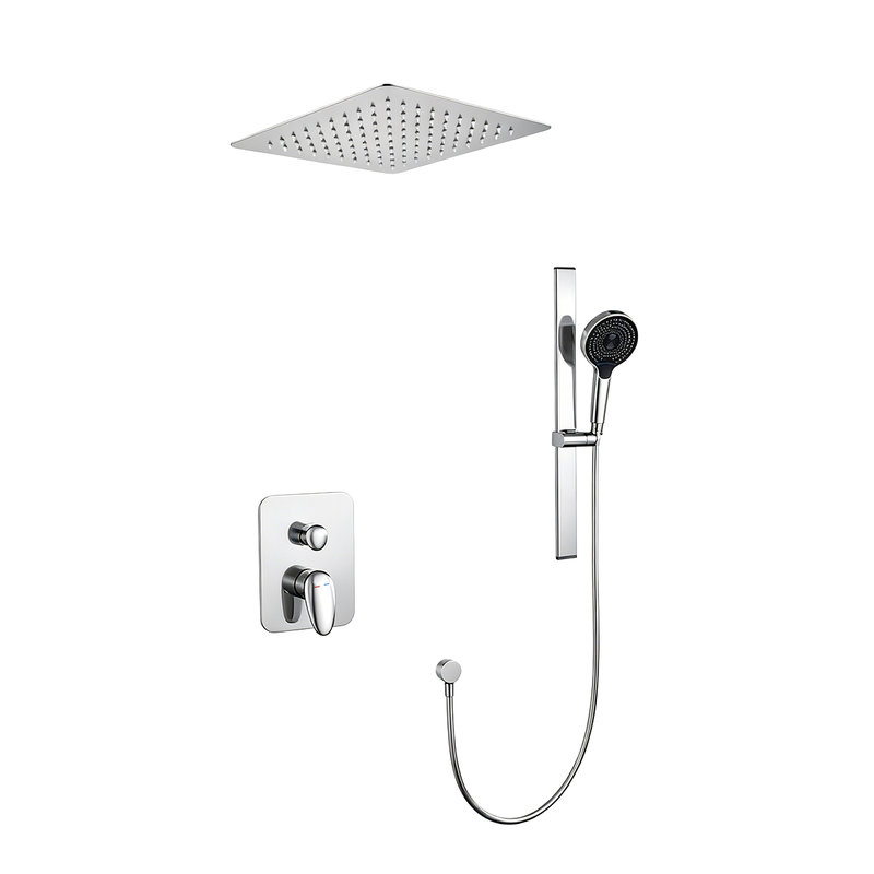 Système de douche encastré en chrome poli avec barre coulissante, ensemble de douche mural en laiton massif à 2 fonctions, douche de tête carrée à haute pression et douche à main ronde à 4 modes, ensemble de garniture de mélangeur d'eau chaude et froide à deux poignées pour la salle de bain
