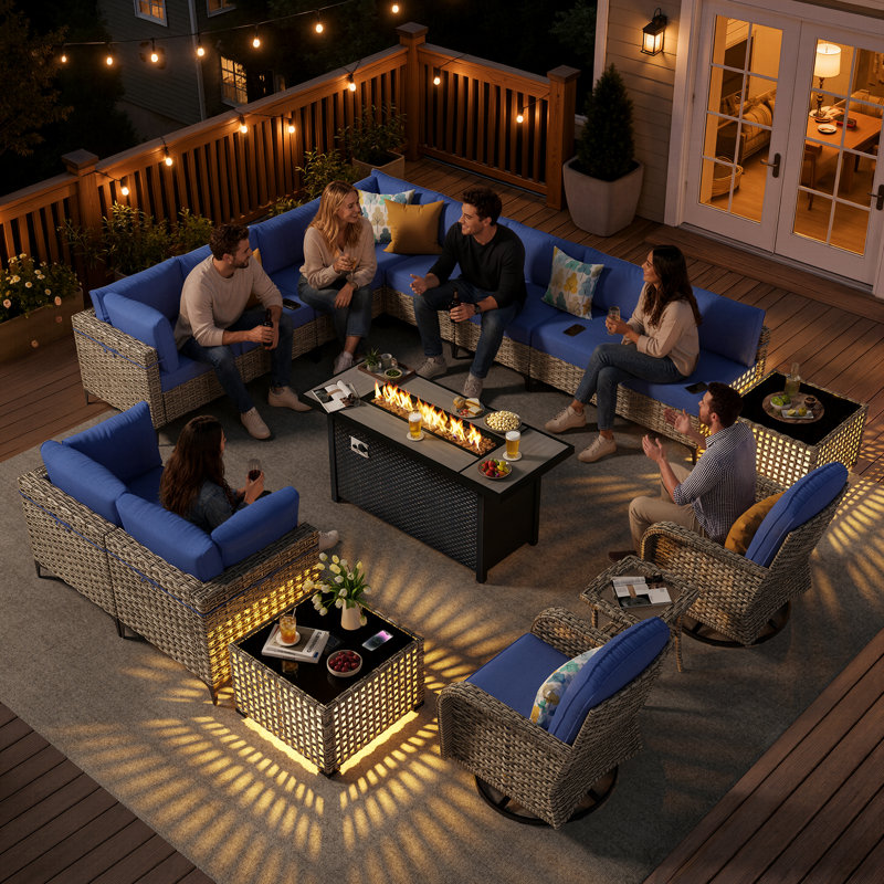 Ensemble de conversation modulaire en osier de patio 16 pièces 16 pièces, mobilier de jardin 12 places avec foyer rectangulaire au propane, tables basses à lumière DEL, chaises berçantes pivotantes, table d'appoint et coussins résistants à l'eau