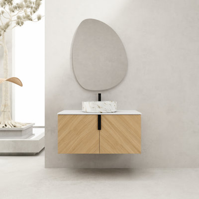 Meuble-lavabo de 36 po avec lavabo artistique, dalle de pierre artificielle blanche, conception, 2 portes à fermeture en douceur, matériau en contreplaqué, fabrication en céramique avec fonction supérieure, couleur chêne