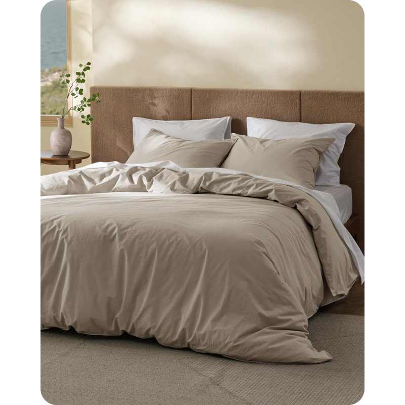 Ensemble de housse de couette en coton 100% coton à tissage flammé très grand avec literie de style lin, facile à changer, ensemble de literie 3 pièces, gris lin tanné, 104 po x 90 po