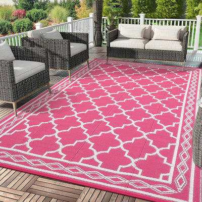 Tapis d'extérieur réversible 9 x 18 pi - Très grand tapis de patio en plastique imperméable, résistant aux rayons UV, facile à nettoyer, pliable avec sac de transport, parfait pour la terrasse, rose rouge, 10 * 14 pi