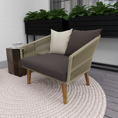 Alpert Gray Wood Woven Rope Outdoor Chair with Polyester Cushions and Slender Tapered Legs by Red Barrel Studio
