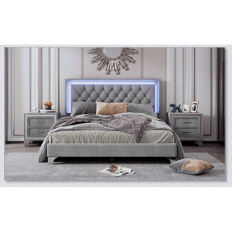 Structure de lit tapissier avec lumières DEL, lit plateforme en velours moderne avec tête de lit capitonnée en cristal, Gris