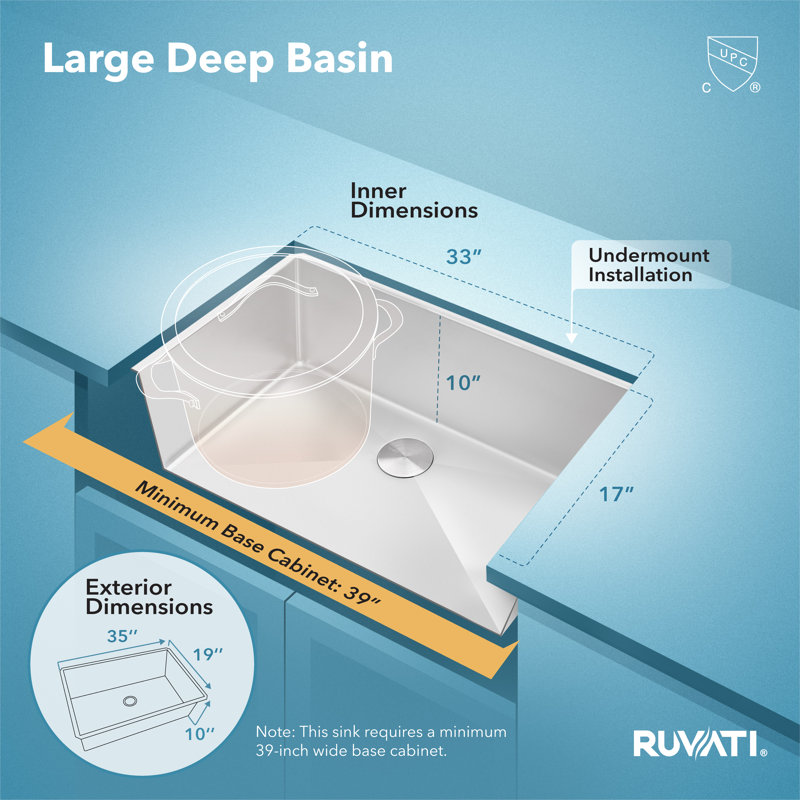 Ruvati 35-inch Undermount 16 Gauge Rounded Corners Large Kitchen Sink Stainless Steel Single Bowl