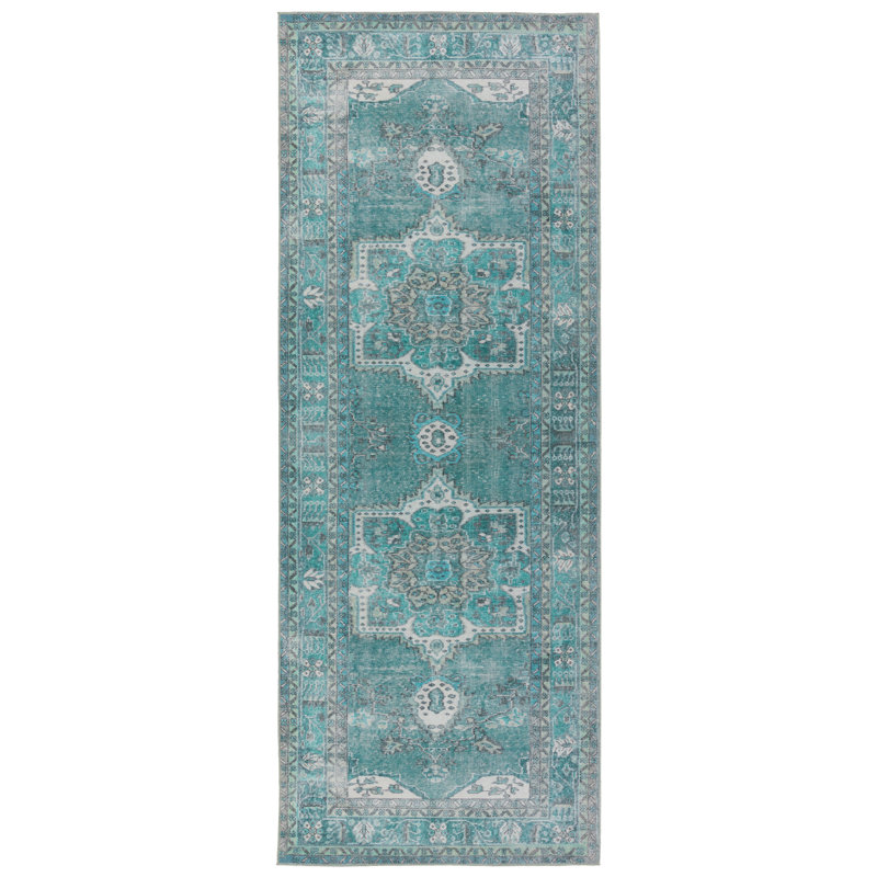Tapis oriental en polyester tissé à la machine bleu sarcelle / vert Lavan, Rectangle 4 pi x 8 pi