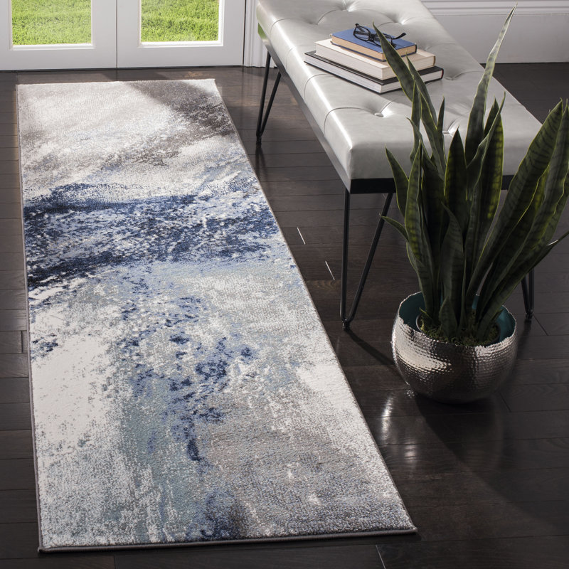 Celestial Spark Abstract Blue Runner Rug - Hand-knotted Synthetic 2'3" x 22'