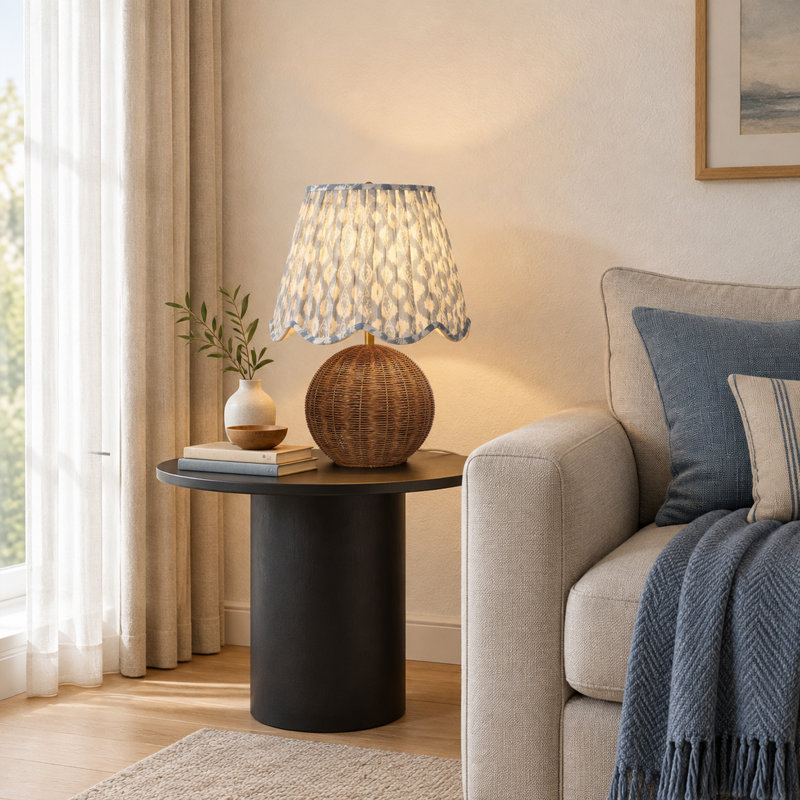 Lampe de table en rotin avec abat-jour en tissu plissé, Bleu