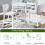 Ensemble table et chaises de salle à manger blanches, hauteur du comptoir, forme carrée avec broderie de cristal. Structure en bois massif. Quatre chaises blanches rembourrées.