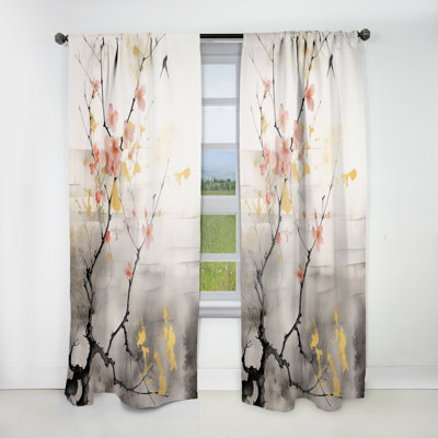 Asian Art Sumi Blossom I - Global Velvet Curtain - Room Darkening - 1 Panel
