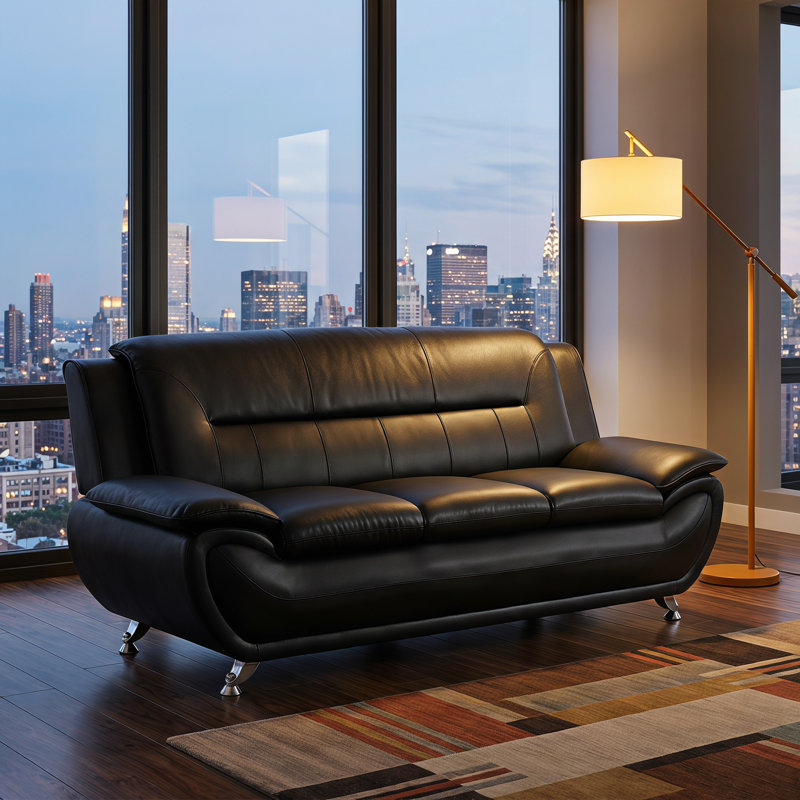 79”Modern 3 Seater Black Faux Leather Sofa