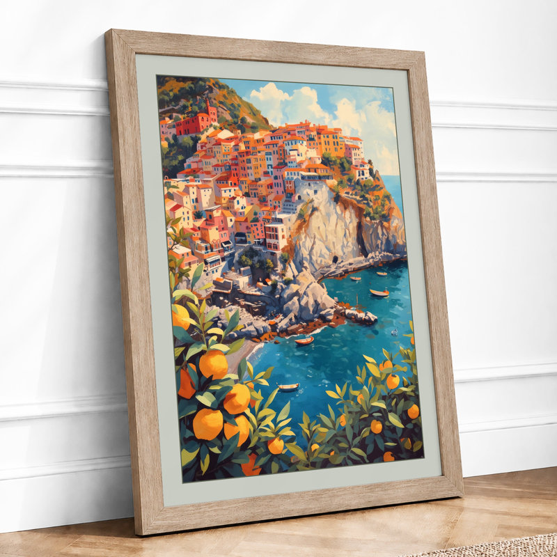 Cliffside Village at Dusk Coastal - Framed Print, A3 - 42.0 x 29.7 cm, Oak