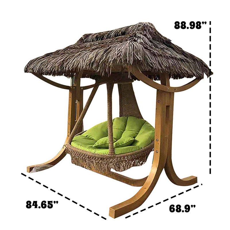 84'x68' Solid Wood Spruce Independent Swing Chair Set with PE Grass Roof and Drawstring Hanging Basket and Cushion, 880lb Capacity