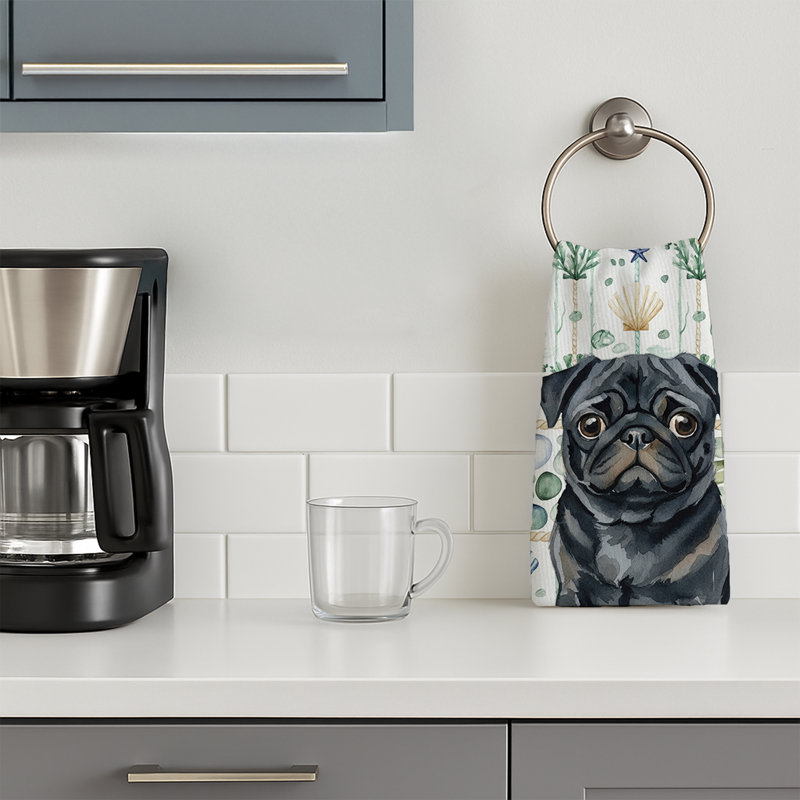 Black Pug Coastal Sea Glass Kitchen Towel, Black Pug