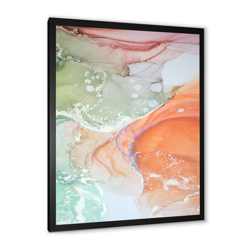 Art liquide, ondulations en vert et orange - reproduction d'art moderne sur toile, Cadre noir, H 20 po x l 12 po x P 1 po