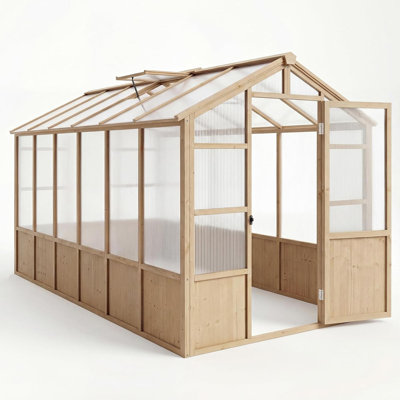 8' x 14' Wooden Walk-In Greenhouse with Polycarbonate Panels, Ventilated Windows & Lockable Door, Outdoor Garden Greenhouse Kit