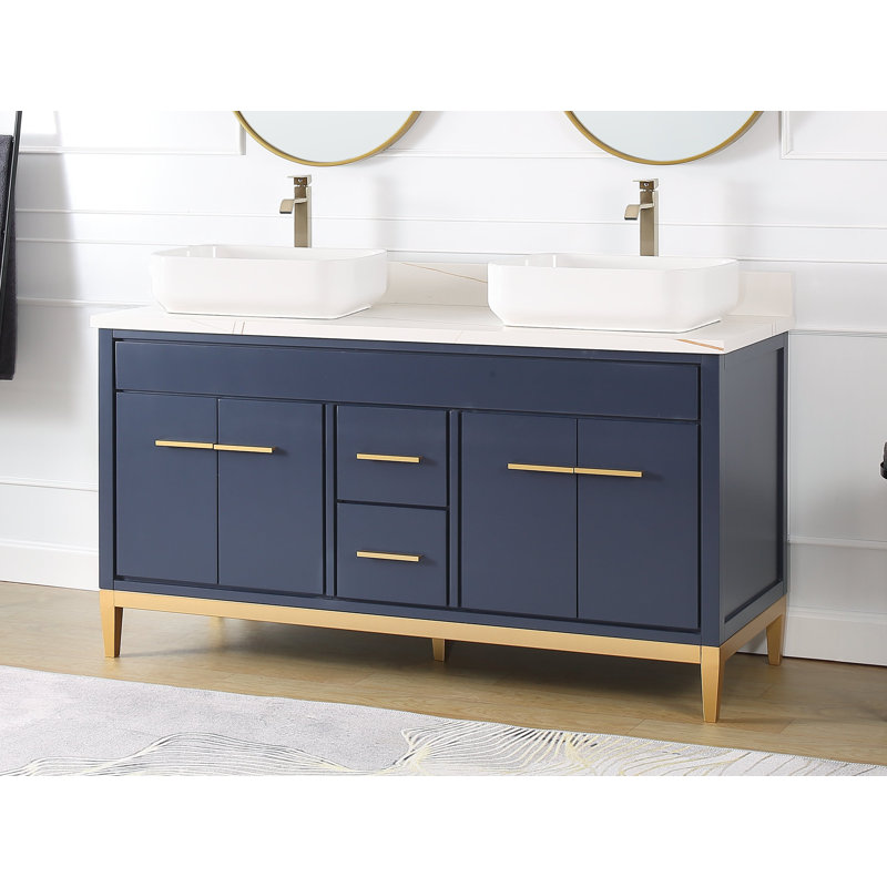 Ensemble de meuble-lavabo double 60 po Hildy, Blanc, Bleu marine