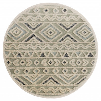 Tapis rond gris / crème / bleu en laine touffeté à la main 