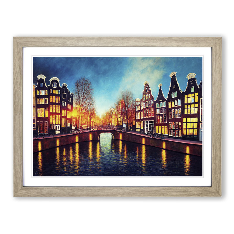 Amsterdam Canal Art Painting - Single Picture Frame Print, Oak, 46cm H x 64cm W x 2cm D