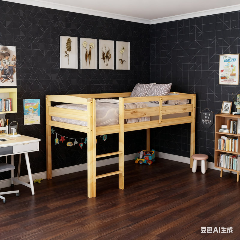 Twin Size Kids Solid Wood Loft Bed, Walnut