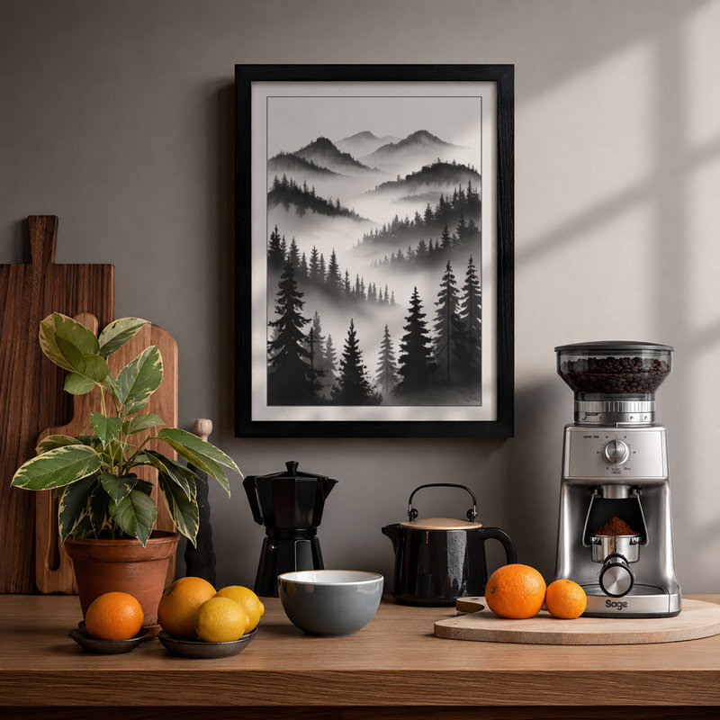 Misty Mountain Ranges Scandinavian - Framed Print, Black, A3 - 42.0 x 29.7 cm