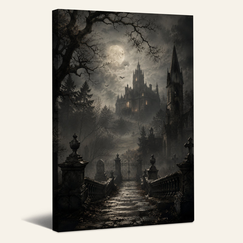 Art mural sur toile gothique Mansion Under Full Moon Above Foggy, H 40 po x l 28 po