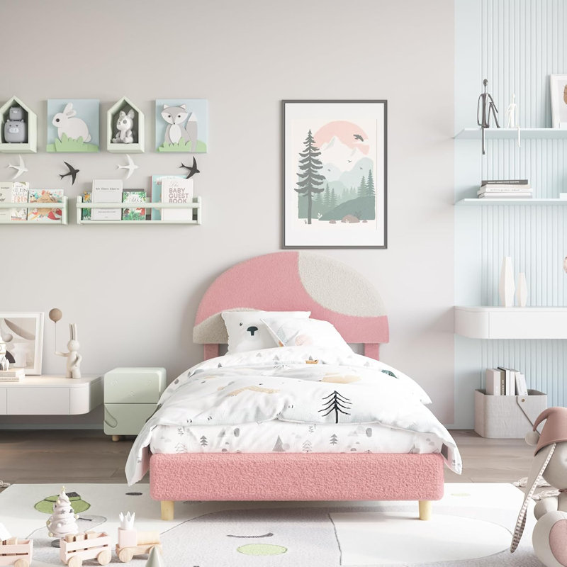 Twin Bed Frame with Headboard - Soft Pink & White Upholstered Arch Design, Wooden Slats Bed for Kids No Box Spring Needed, Easy Assembly